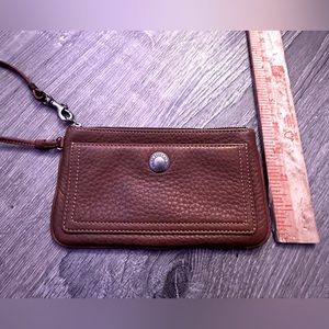COACH Tan Pebble Leather Wallet Sized Wristlet with front pocket